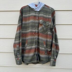 Simms Santee Flannel Hoody Men's Sz Small Clay/Cork‎ Stripe Hooded Snap Shirt
